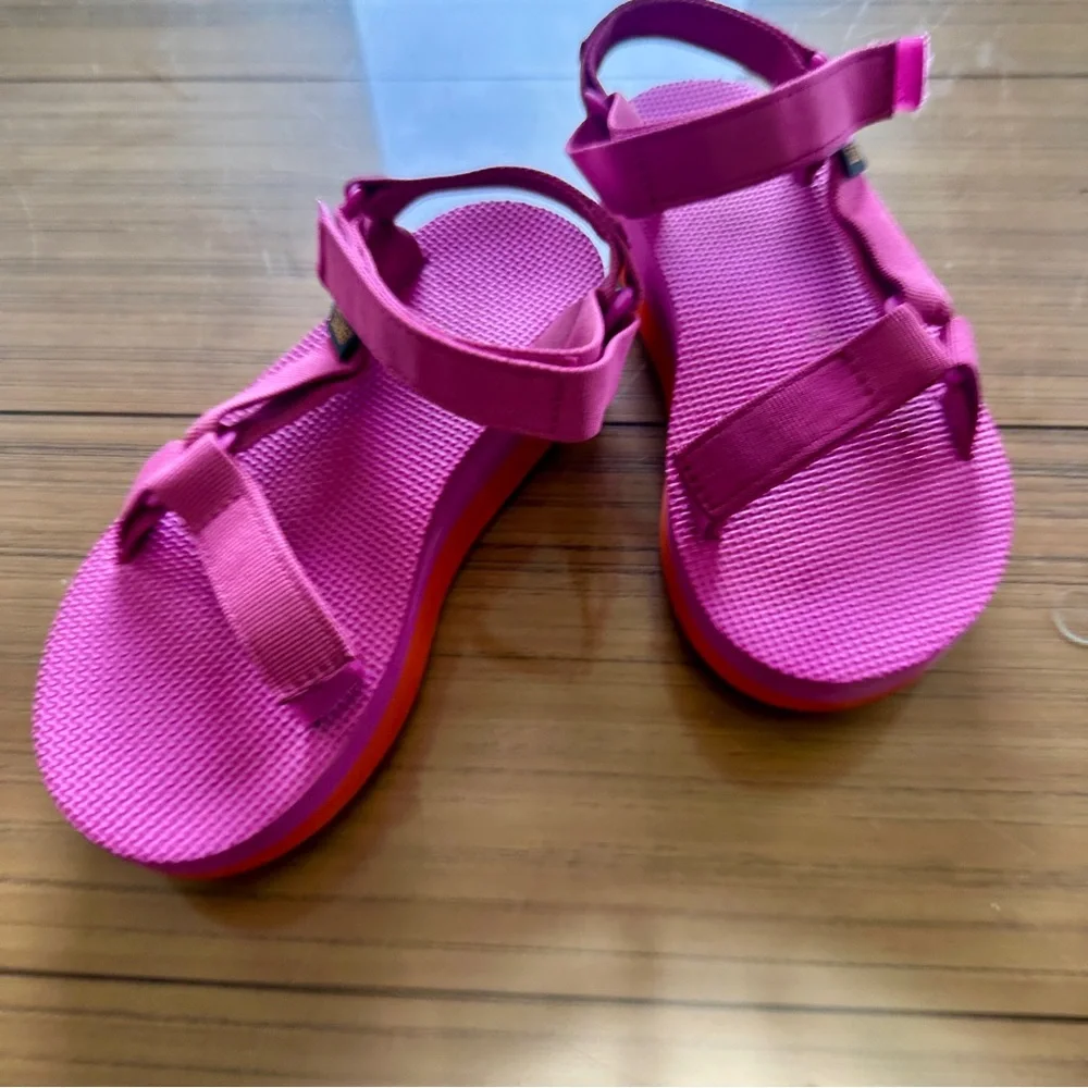 TEVA Fuchsia Hot Pink 🌺 Sunset Orange 🍊 platform sport slide sandals Barbiecore - Picture 2 of 7